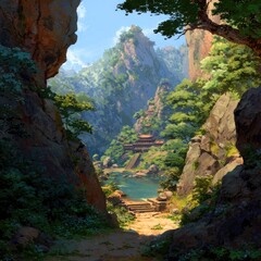 Lush mountain valley glimpsed through rocky pass