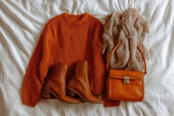 Warm autumnal outfit laid flat on a bed
