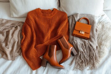 Autumnal outfit on a bed.  Orange sweater, brown boots, and handbag