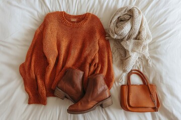 Autumnal attire laid flat on a bed