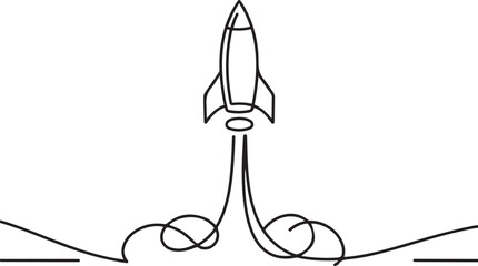 Minimal continuous line drawing of rocket launching upward symbolizing innovation, startup growth, progress, and business success © VectorPulse