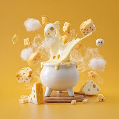 Melted cheese erupts from a cauldron, surrounded by floating cheese slices and clouds of steam.  A vibrant,  yellow background