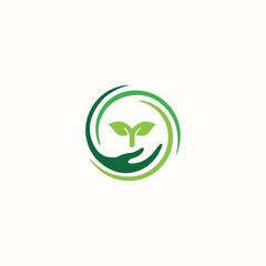 Eco Hand Leaf Care Logo symbol for organic farming, sustainable business, green nature, environmental growth, and wellness concept. Editable graphic element