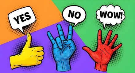 Obraz premium Comic pop art style colorful hands with speech bubbles saying YES, NO, and WOW!