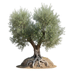 Olive tree with visible roots isolated on transparent background