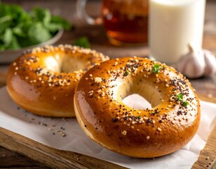 Two freshly baked bagels sit on a wooden cutting board with seeds