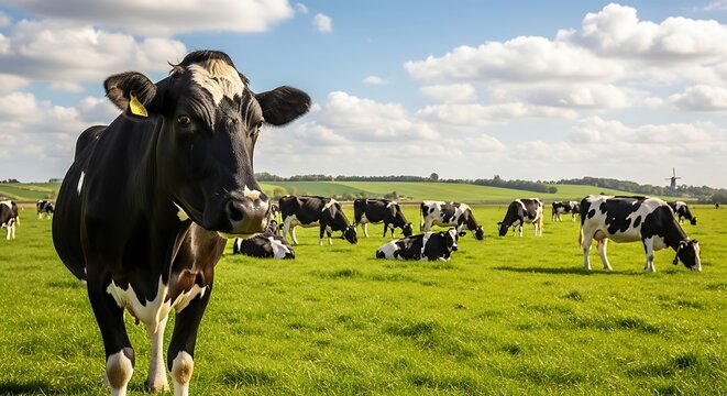 Cows grazing in a lush green field under a blue sky.