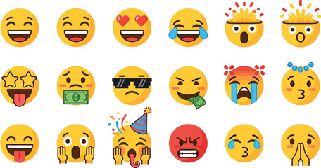 A vibrant collection of expressive emoji faces showcasing a range of emotions and reactions.