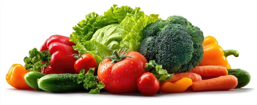 Assorted fresh vegetables, including lettuce, tomatoes, peppers, cucumbers, broccoli, and carrots, presented on a white background