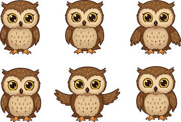 Cute cartoon brown owl character set with big eyes in different poses for kids design, CAD drawing flat vector illustration.