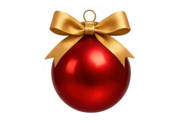 Red christmas bauble ornament featuring a shiny sphere and a golden ribbon bow, isolated on transparent background