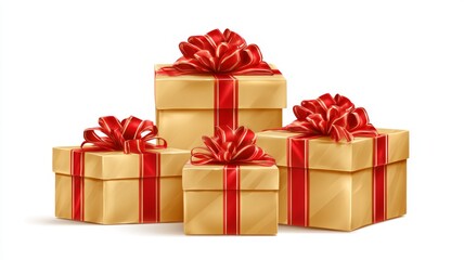 Stack of gold christmas gift boxes with red ribbons and bows on transparent background for corporate, holiday, and seasonal business celebrations