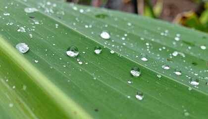 Fresh Rain Water Drops on Green Leaf Nature Wet Surface Close Up Macro