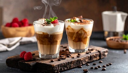 Two layered coffee beverages with whipped cream and raspberries
