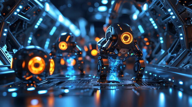 Futuristic robots with glowing orange eyes in a neon lit corridor