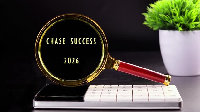 A magnifying glass focuses, revealing scattered letters that form Chase Success 2026 It rests on a desk next to a plant, symbolizing growth and planning