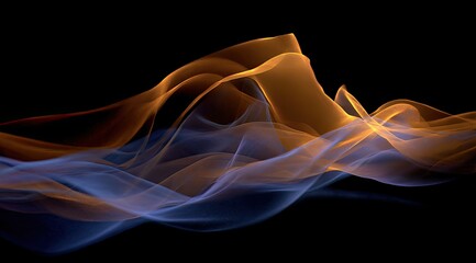 Abstract swirling forms of orange and blue smoke on black background