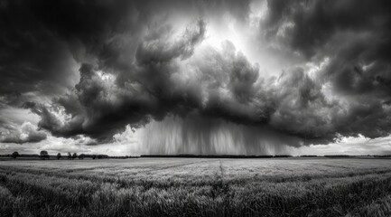 Dramatic black and white landscape of a stormy field