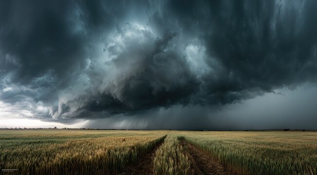 Massive storm clouds over a golden field