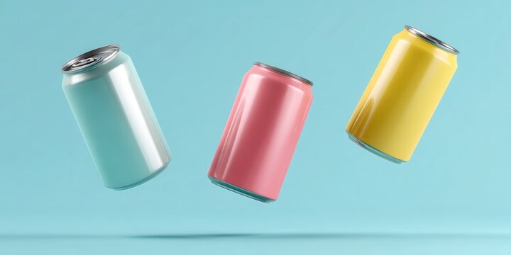 Nice photo of three colorful soda cans floating in a light blue background.