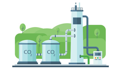 Flat illustration showing carbon capture and storage facility with CO2 tanks, pipes, and industrial tower for green clean energy technology and environment protection