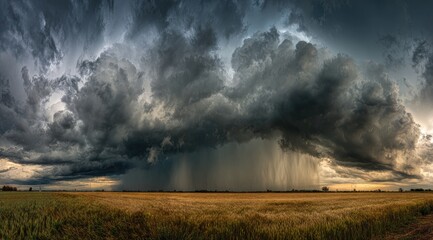 Panoramic view of a dramatic thunderstorm over a field