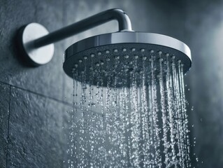 Close-up of a modern shower head with water spraying