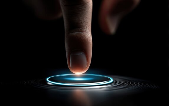 A fingertip touches a glowing circular interface