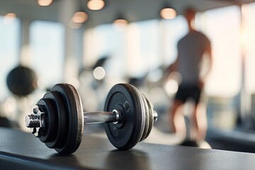 A dumbbell rests on a gym bench, in focus,  with a blurred  gym background