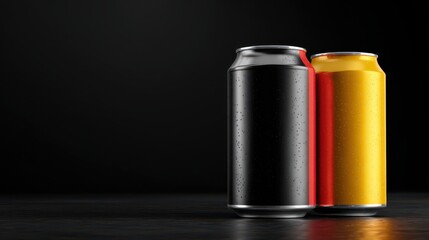 Fototapeta premium elegant photo of two refreshing beverage cans, one black and one yellow, on a dark surface.