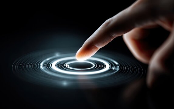 A fingertip interacts with a glowing, circular interface