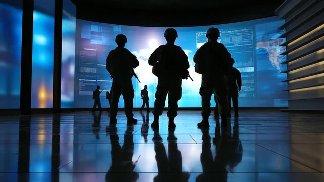 Silhouetted command personnel against bright wall of interactive military monitoring screens, with copy space