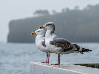 Fototapeta premium Majestic seagulls perched side-by-side, gazing out to sea on a misty morning, a serene coastal moment evoking peace and tranquility for travel inspiration