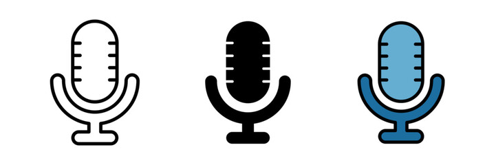 Microphone icon showing a classic mic shape with a rounded top and vertical body, representing audio recording, voice input, podcasts, music, and broadcasting. Provided in outline, filled, and color.