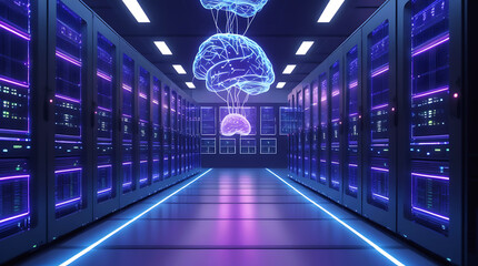 Futuristic digital brain in a neon lit server room