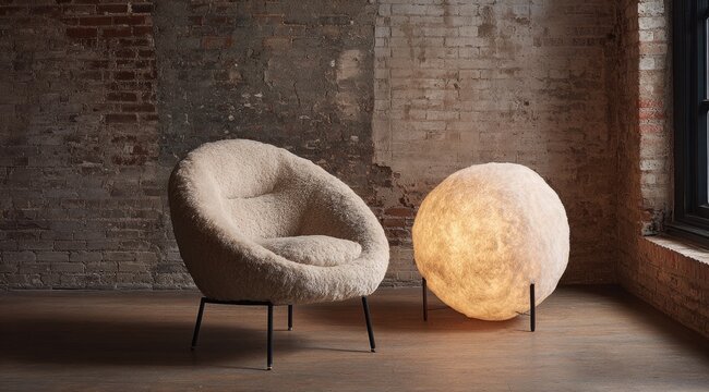 Cream-colored, plush armchair and orb lamp in a rustic industrial space