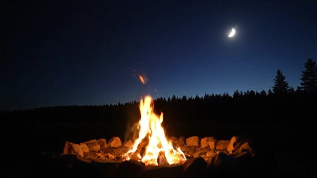 Campfire burning brightly at night under crescent moon and dark sky