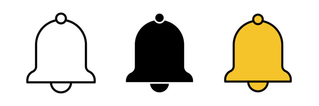 Notification icon in flat vector style, shown in outline, filled, and color variations. Features a bell symbol representing alerts, reminders, messages, or updates.