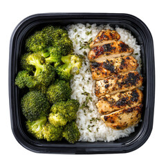 Square black container with seasoned chicken, broccoli, and rice