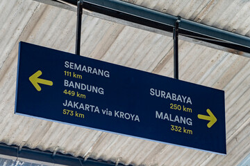 Indonesia Railway Station Direction Signboard Showing Distances to Semarang, Bandung, Jakarta, Surabaya, and Malang