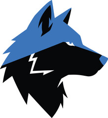 Stylized wolf head silhouette with geometric blue and black design symbolizing power and wild nature for branding and design projects vector game logo