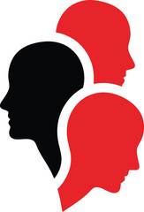 Abstract concept of diverse thoughts and perspectives represented by three intersecting silhouetted heads in red and black colors vector game logo