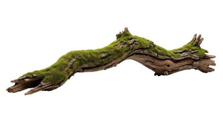 Old tree branch covered with moss isolated on white background, close up