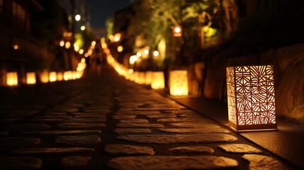 A beautiful view of the illuminated cobblestone street during the Usuki Takeyoi bamboo lantern festival in Japan, with glowing lights creating a magical atmosphere at night