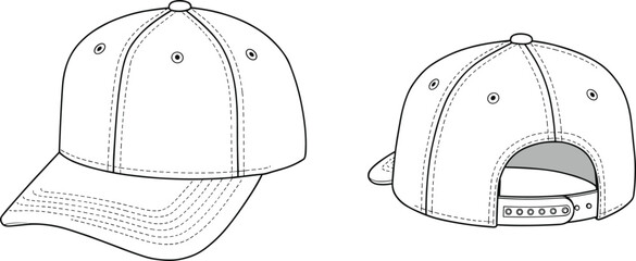 Baseball cap technical flat sketch, front and back side view, unisex headwear fashion design template, CAD drawing flat vector illustration for designers.