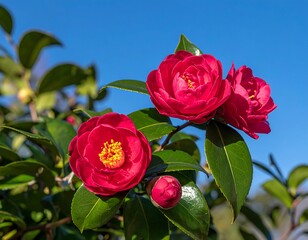 Vivid red flowers with yellow centers against a bright blue sky