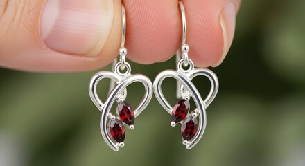 Closeup of a hand holding a pair of heartshaped silver earrings with red gemstones against a blurred background