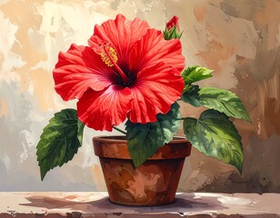 Vivid red hibiscus plant in a terracotta pot with painted background
