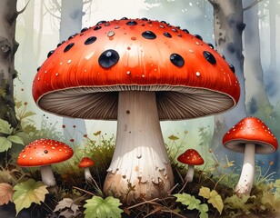 Vivid watercolor painting depicts a giant red mushroom among smaller ones
