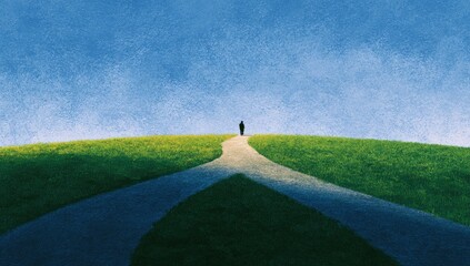 A solitary figure walks a diverging path through a grassy landscape under a vibrant sky
